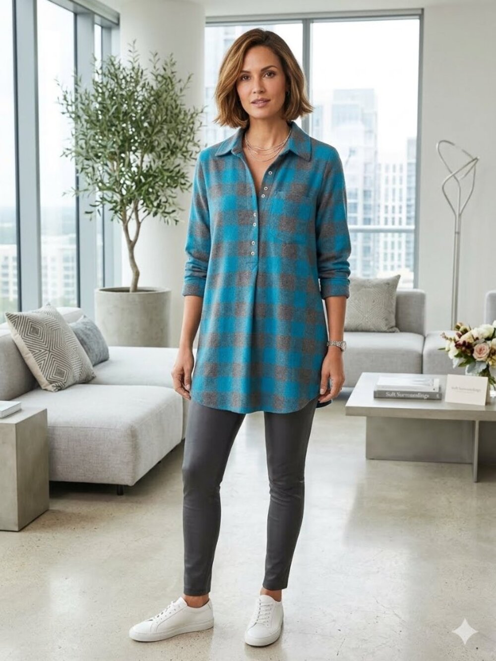 Soft Surroundings Women's M Teal Plaid Long Roll Tab Sleeve 1/2 Button Tunic Top